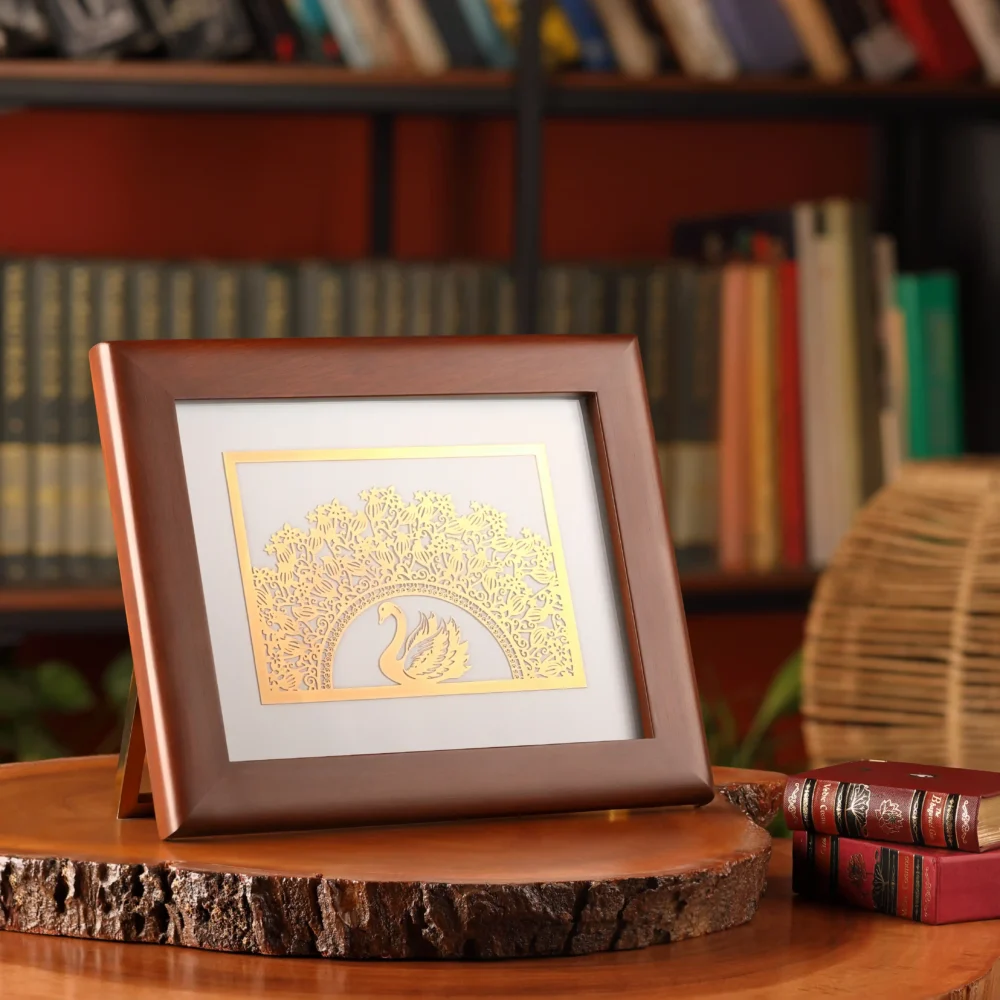 Elegant 24K Gold Plated Swan in Teakwood Frame - Image 2
