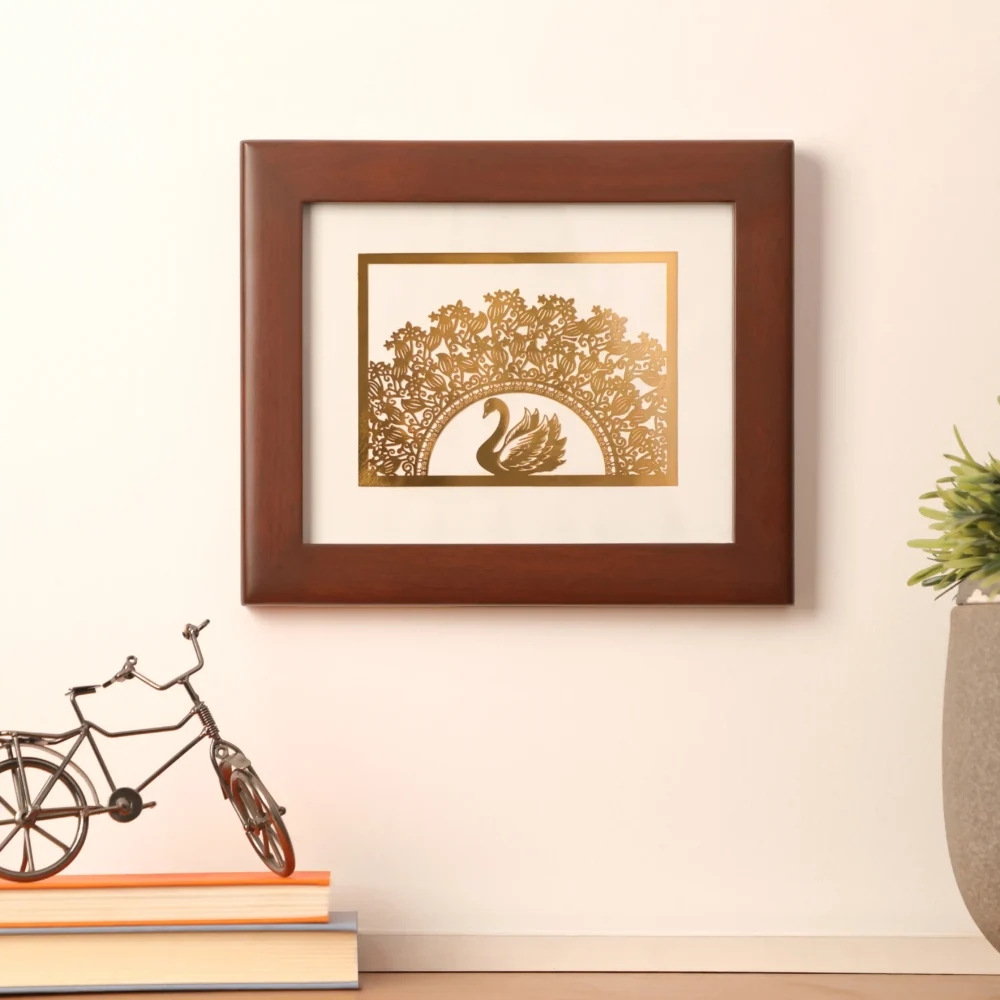 Elegant 24K Gold Plated Swan in Teakwood Frame