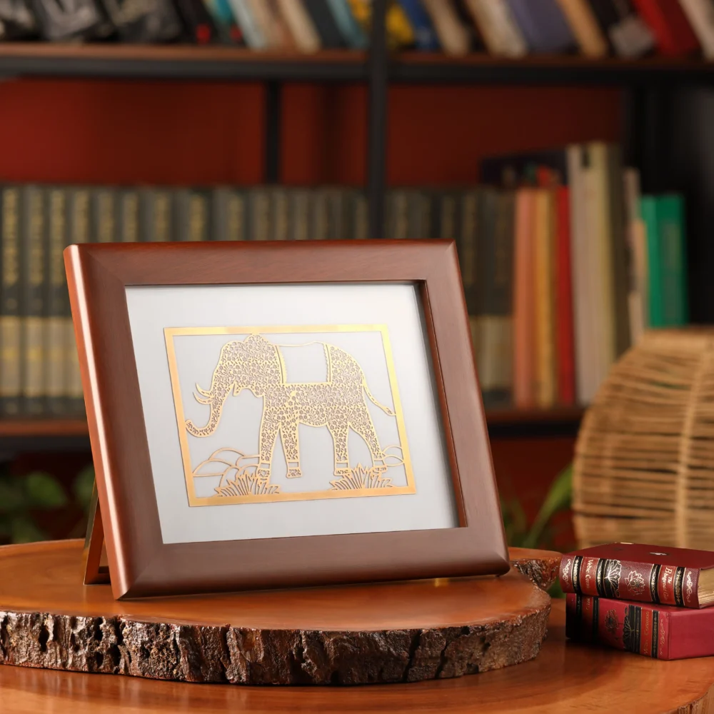 24K Gold Plated Elephant in Teakwood Frame - Image 2